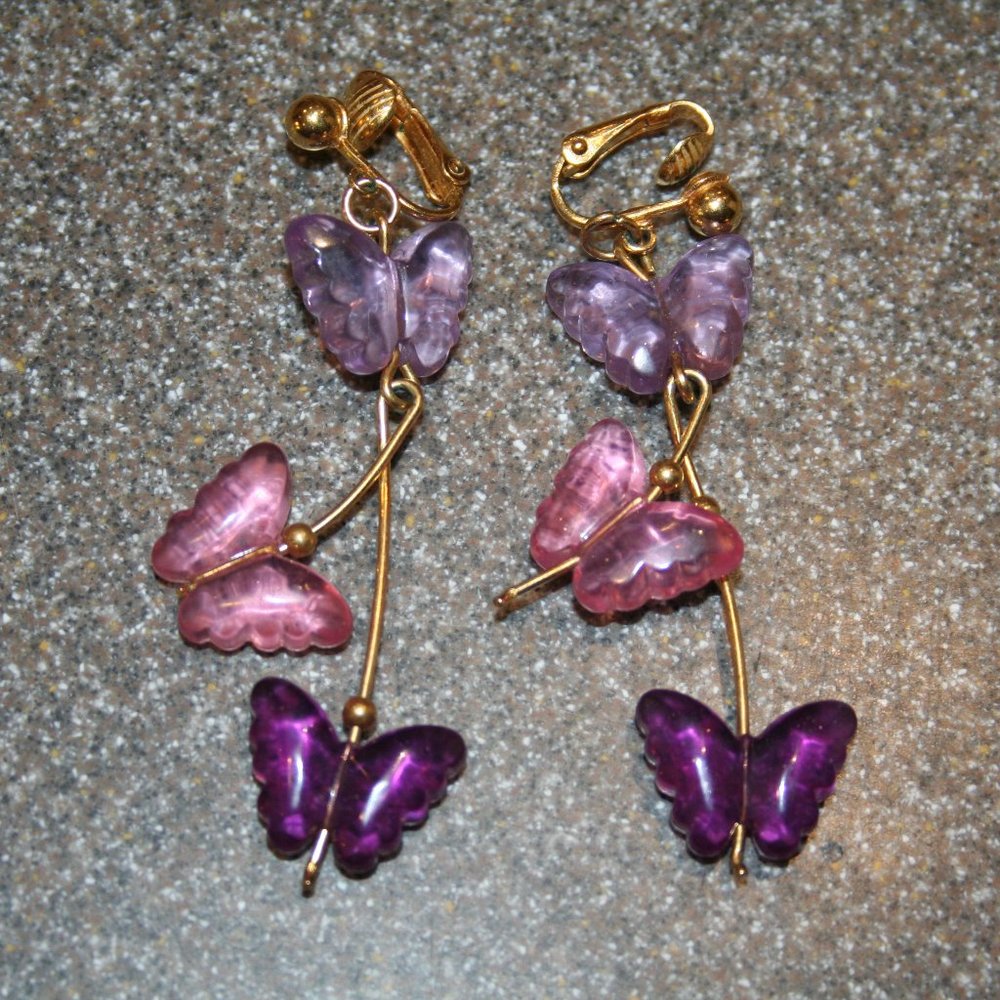 ~VINTAGE~Pink & Purple Butterfly Clip On Earrings